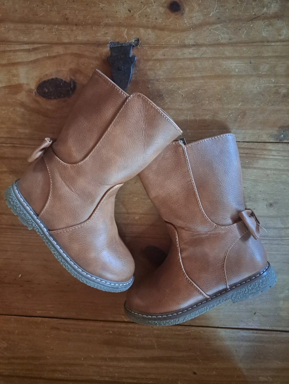 Cat & Jack Brown Riding Boots w/ Side Zippers & Decorative Bows, Toddler Size 6